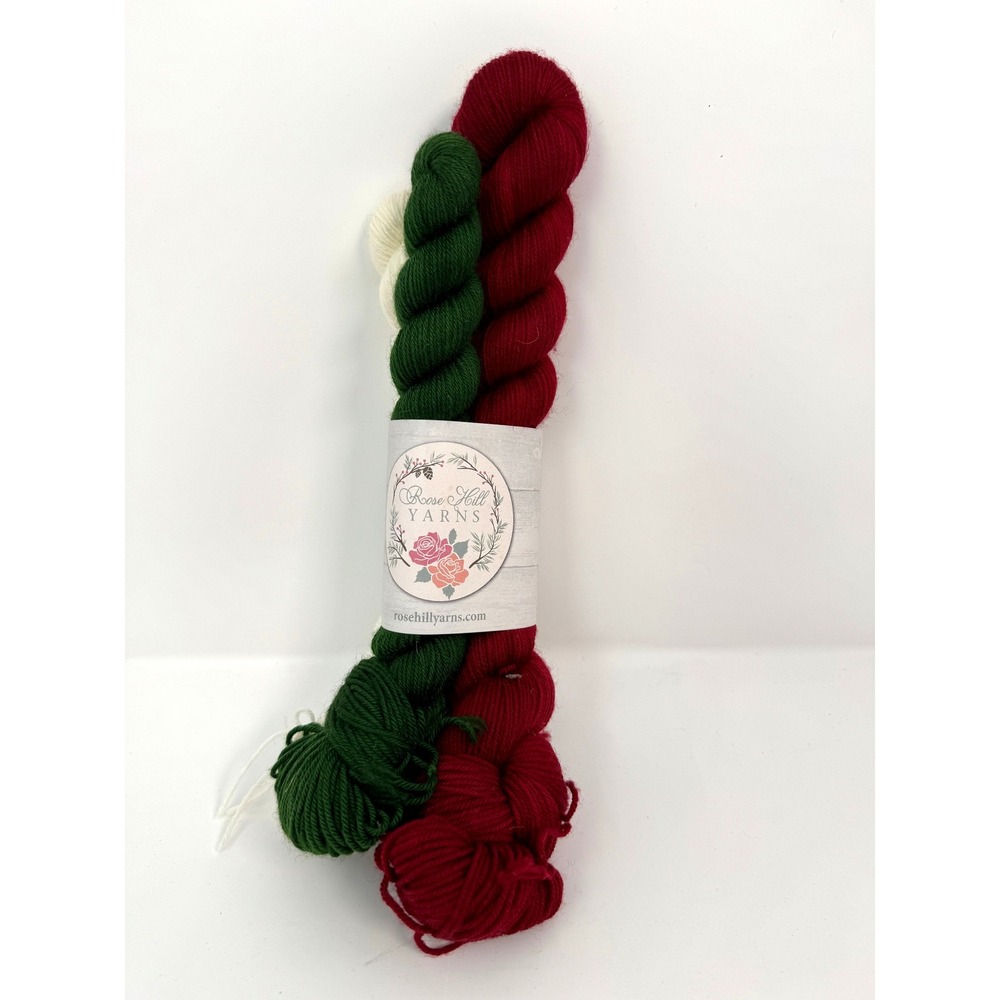 Rose Hill Yarns Fingering Weight Merino Nylon Sock Yarn Set Red Green White 75g